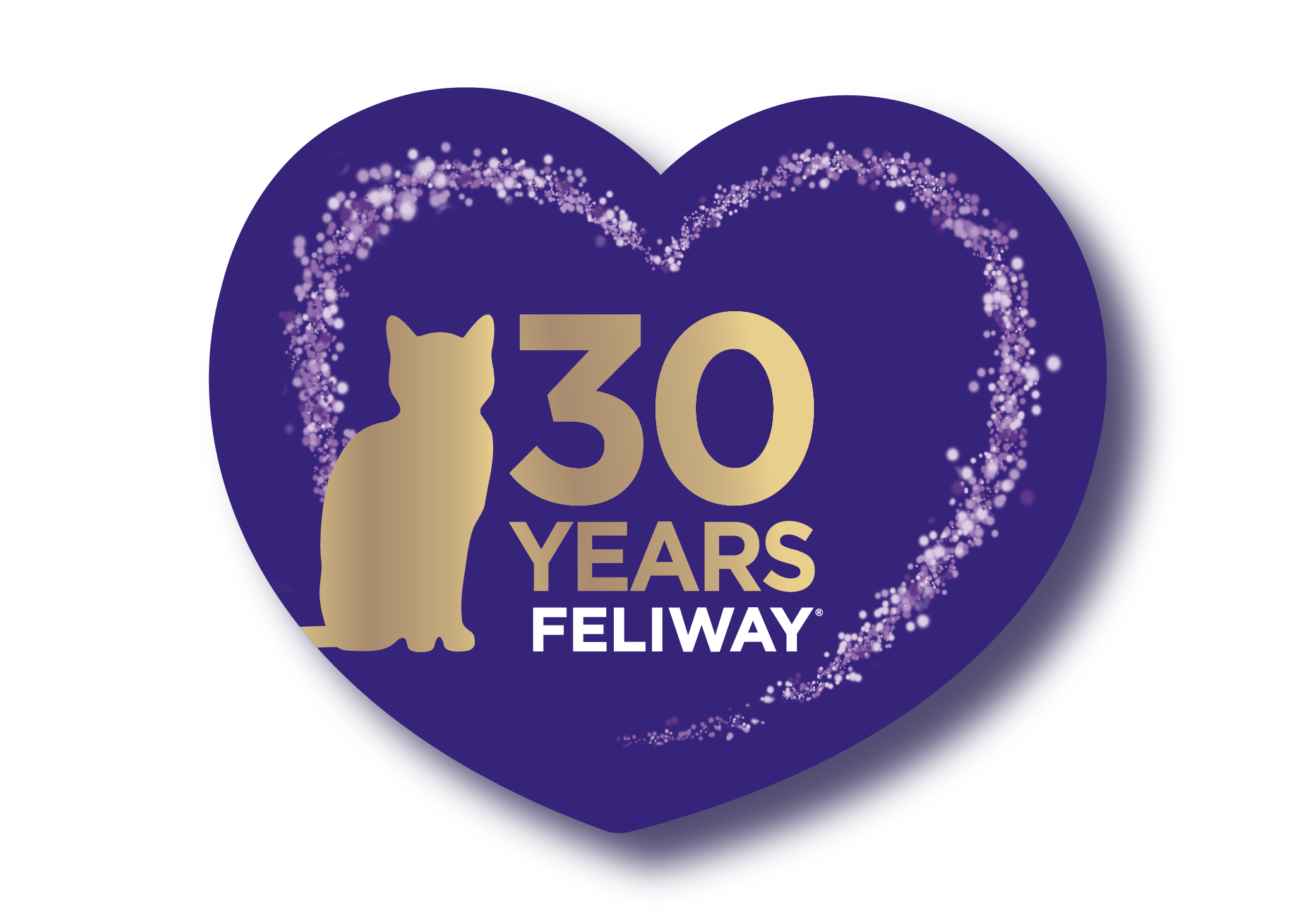 Heart-shaped purple sticker with gold cat silhouette and '30 Years Feliway' text on a white background
